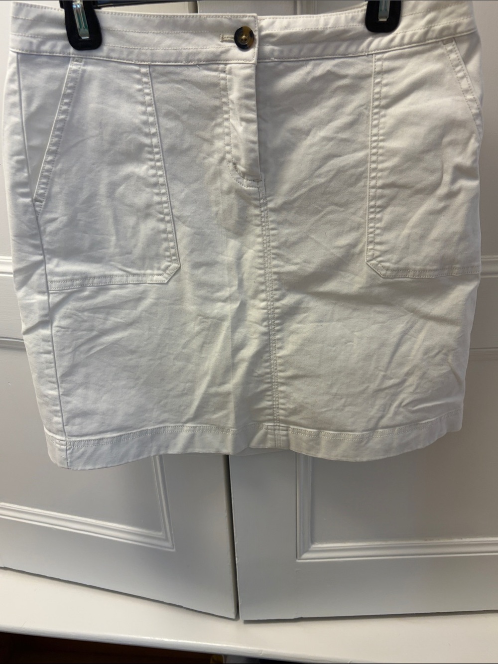 Boden White Mini Skirt with Yellow & Navy Dot Trim on the inside.